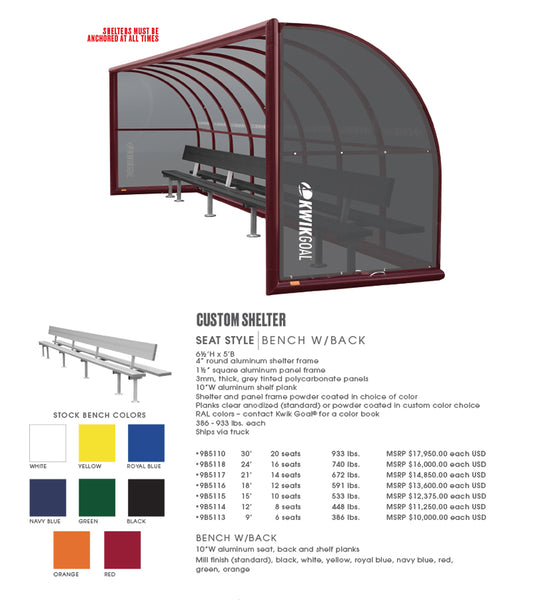 Custom Shelter Seat Style Bench w/Back